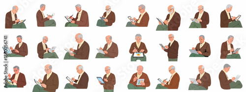 Elderly Men Using Digital Tablet Collection: Isolated Vector Illustrations of Seniors Interacting with Technology, Drawing, and Browsing Apps.