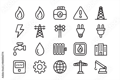 Electricity and Gas Line Icons for Industrial Dashboards and Apps