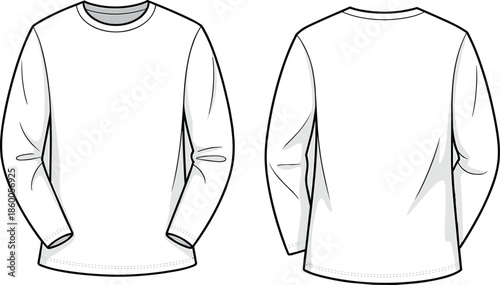 Men, long, sleeve, crew, neck, sweatshirt, technical, sketch, front, back, view, vector, line, art, illustration, fashion, design, apparel, template, mockup