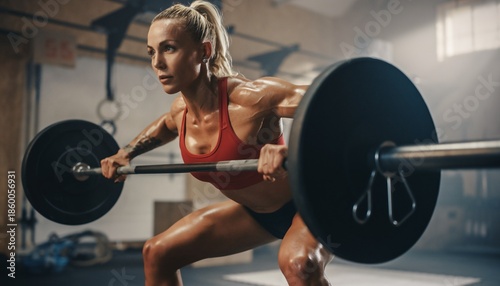 Muscular Woman Performing Barbell Clean and Jerk Exercise in Gym