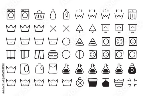 Laundry care line icons for fashion labels, textile standards, UI reference sheets