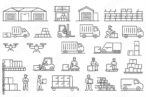 Warehouse and logistics icons for UI design, supply chain dashboards, delivery systems