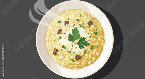 Top View of Classic Italian Risotto with Parsley and Grated Cheese