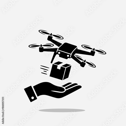 Drone Delivering Package to Open Hand as Modern Delivery Service Icon