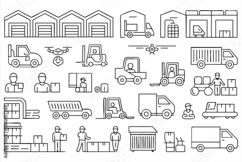 Supply chain and logistics icons for UI interfaces, shipping software, inventory tools