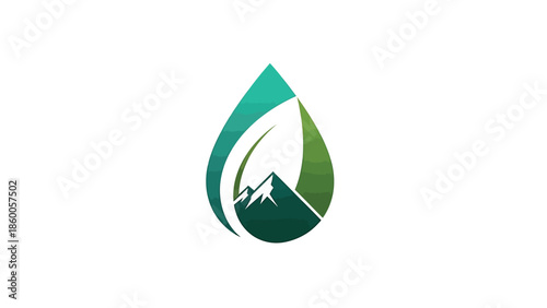 Nature-inspired logo featuring a water droplet, leaf, and mountain design.