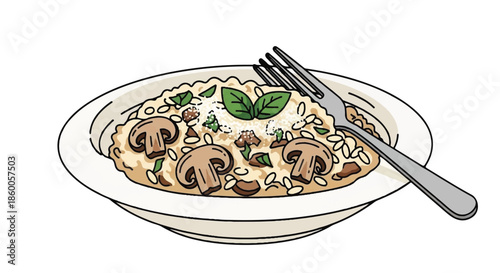 Creamy Mushroom Risotto with Parmesan Cheese and Basil Garnish