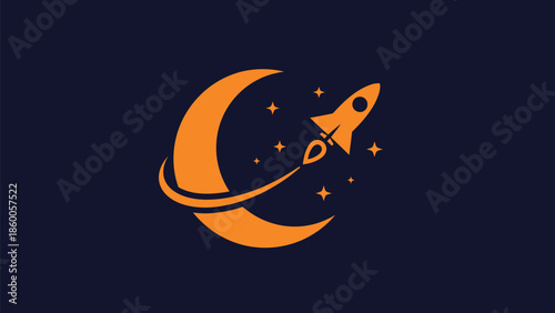 Orange crescent moon with rocket ship soaring through starry night sky.
