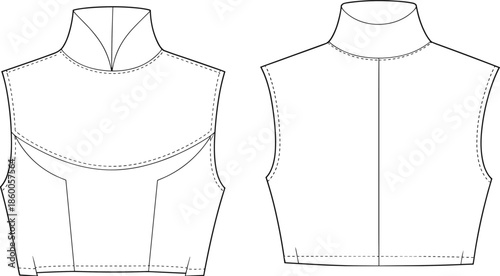 Fashion flat sketch sleeveless top, high neckline collar, princess seams, curved yoke, front and back view, apparel technical drawing vector illustration