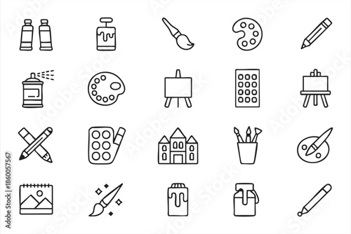 Art supplies line icons for education apps, creative UI systems