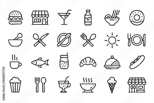 Dining and cafe line icons for food ordering platforms, hospitality interfaces