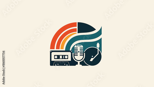 Retro music logo design featuring a cassette tape, microphone, and vinyl record.