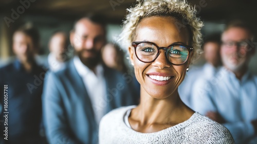 A radiant woman with curly hair and glasses smiles warmly, positioned in the foreground with a blurred group of people behind her, conveying a sense of connection and positive energy.