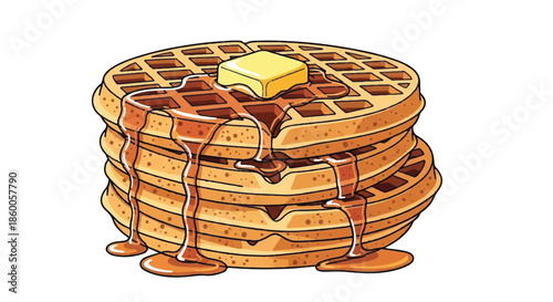 Stack of Breakfast Waffles with Melting Butter and Maple Syrup