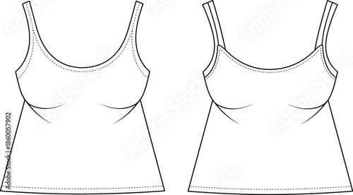 Fashion flat sketch women’s tank top, scoop neckline, wide and narrow straps, front and back view, apparel technical drawing, garment design vector illustration