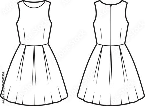 Women’s sleeveless dress flat sketch, fitted bodice with flared pleated skirt fashion drawing, front and back view, apparel design, cad vector illustration
