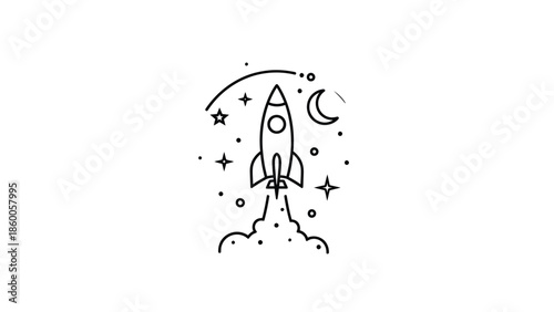 Rocket ship soaring through the cosmos, stars and moon in space.