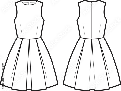 Women’s sleeveless dress flat sketch, fitted bodice with round neckline and pleated skirt fashion drawing, front and back view, cad vector illustration