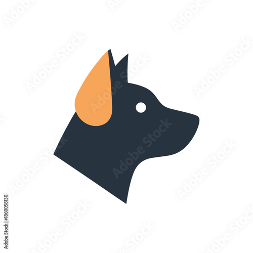 Simple illustration of a black dogs head with an orange ear, minimalist design.