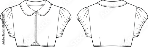 Cropped blouse fashion vector, bolero style top illustration, puff sleeve garment design, Peter Pan collar blouse, front back technical drawing