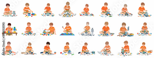 Collection of boys assembling robot toys and mechanical kits, symbolizing creativity, engineering, and STEM education concepts through playful construction.