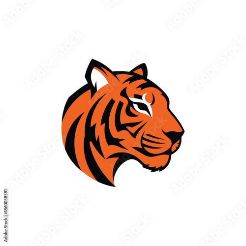 Striking tiger head portrait showcasing vibrant orange and black stripes, fierce gaze.