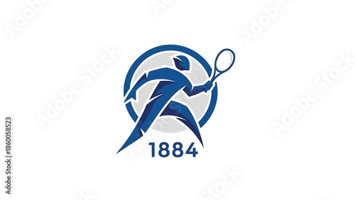 Tennis player silhouette in action with racket and the year 1884.