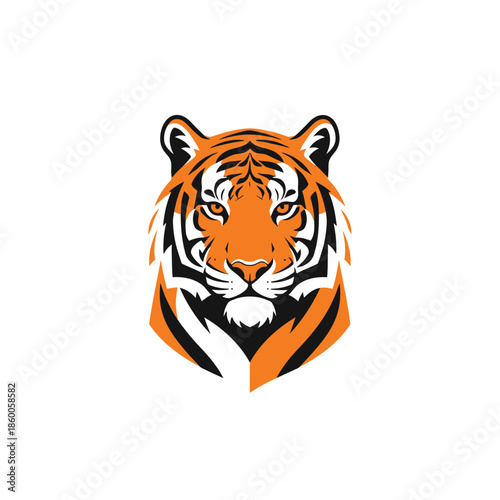 Striking tiger face illustration with vibrant orange and black stripes, captivating gaze.