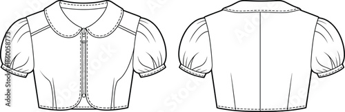 Cropped blouse flat sketch, women’s fashion technical drawing, puff sleeve top with Peter Pan collar, vector template front and back view