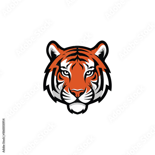 Tiger head illustration with orange and black stripes, fierce gaze, white background.