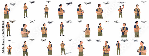 Drone Pilot Character Illustration Set: Man Operating Quadcopter UAV Remote Controller in Different Poses, Vector Graphics Collection.