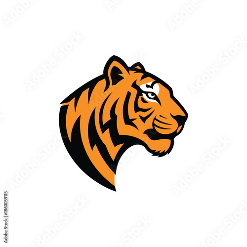 Tiger head profile illustration, showcasing the animals fierce gaze and striking orange and black stripes.