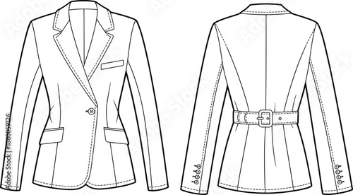 Women’s tailored blazer flat sketch, single button jacket with belt, technical garment CAD drawing, vector fashion illustration front and back view
