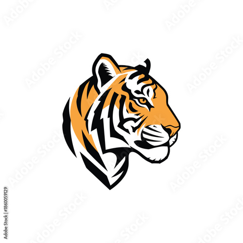 Tiger head profile illustration with orange and black stripes, fierce animal portrait.