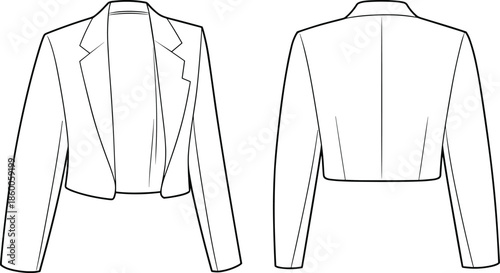 Cropped blazer jacket technical flat sketch, front and back view, notched lapel, tailored design, curved hem, garment fashion illustration, apparel template