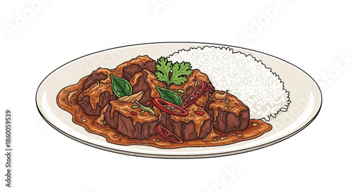Beef Stew Rendang with Steamed Rice Illustration on a Plate