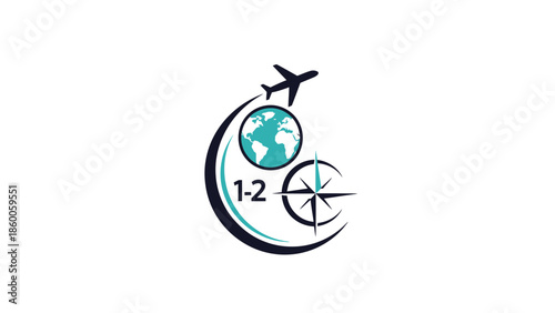 Travel agency logo featuring an airplane, globe, and compass, representing global exploration.