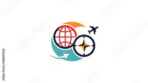 Travel agency logo featuring globe, compass, and airplane, representing global adventures.