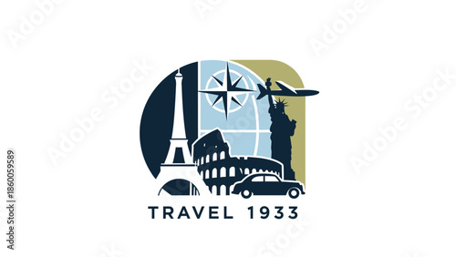 Travel agency logo featuring iconic landmarks and transportation elements for global adventures.