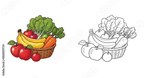 Abundant Fruits and Vegetables in a Basket Illustration: Color and Black and White Versions