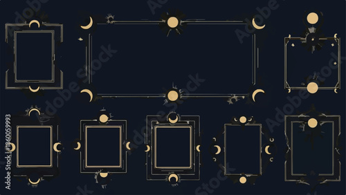 Set of Bohemian Gold Celestial Frames and Borders with Moon and Sun Symbols Vector