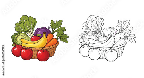 Dual Illustration of Fruit and Vegetable Basket: Colorful and Black and White Line Art