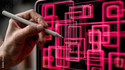 A hand utilizes a stylus on a digital tablet, creating an intricate network of glowing pink geometric lines against a dark background, showcasing modern digital artistry and design.
