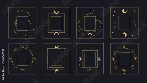 Set of Mystic Celestial Golden Line Art Square Frames Vector Collection