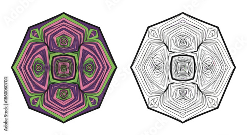 Vibrant and Monochrome Abstract Geometric Patterns With Nested Shapes on White Background