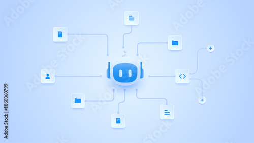 AI workflow automation artificial intelligence. ai agent network diagram connecting data source, user input, coding, and automation system.