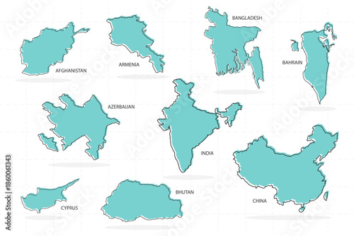set of line country and shadow in Asia includes afghanistan, armenia, bangladesh, bahrain, azerbaijan, india, cyprus, bhutan, and china.