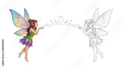 Whimsical Scene: Colorful Fairy and Black and White Fairy Exchanging Magical Sparkles