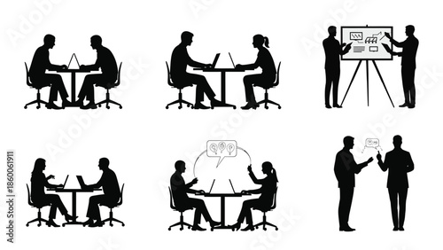 Business professionals engaging in various collaborative activities