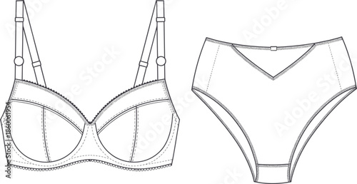Women lingerie bra and brief set technical fashion sketch, underwear apparel outline template, cad drawing flat vector illustration, design collection